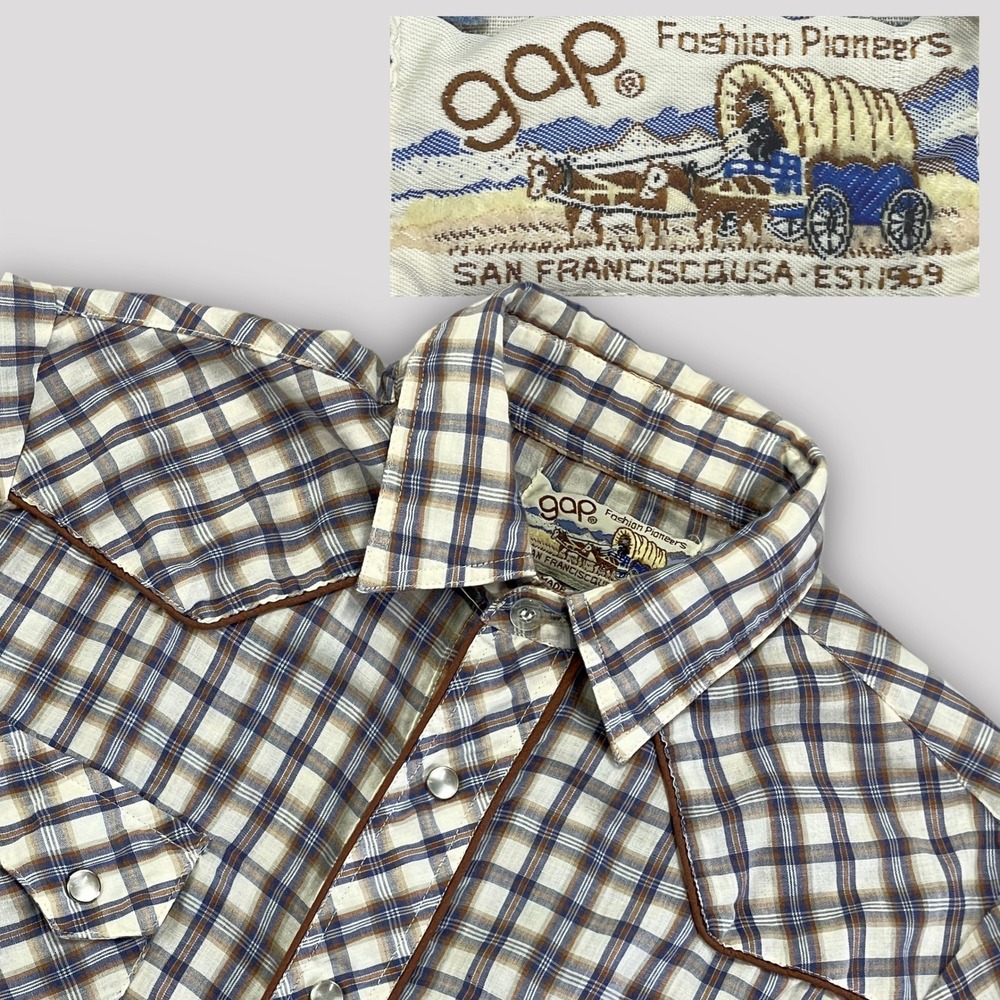 VTG 70s Gap Pearl Snap‎ Shirt Mens M Western Pioneer Sawtooth Pocket Rare Plaid